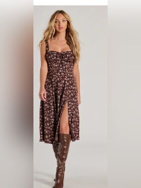 Windsor Brown Floral Tie-Front Midi Dress